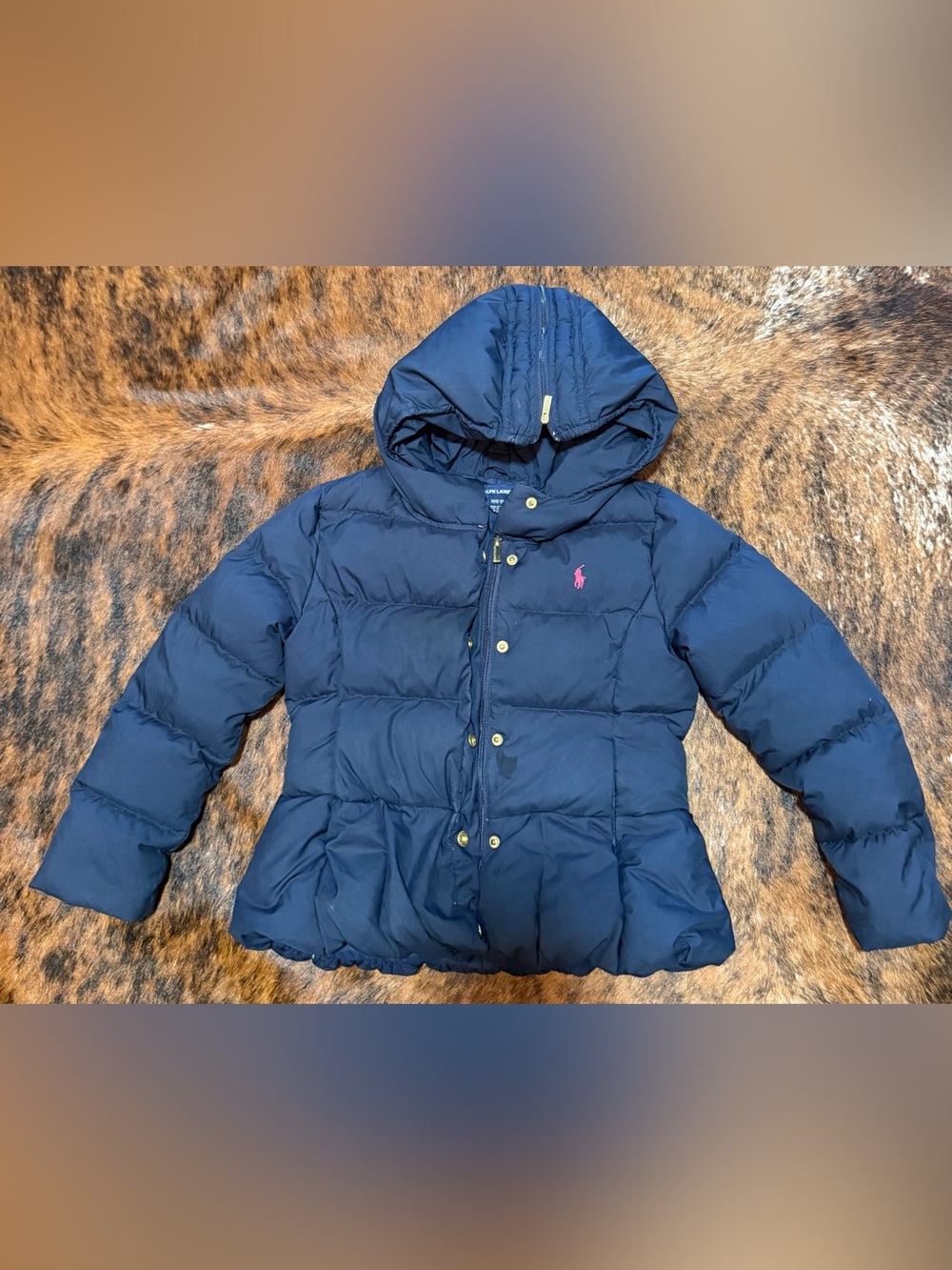 Ralph Lauren Puffer Jacket Girls Sz M 8-10 Navy Down Snap Hooded Pink Pony